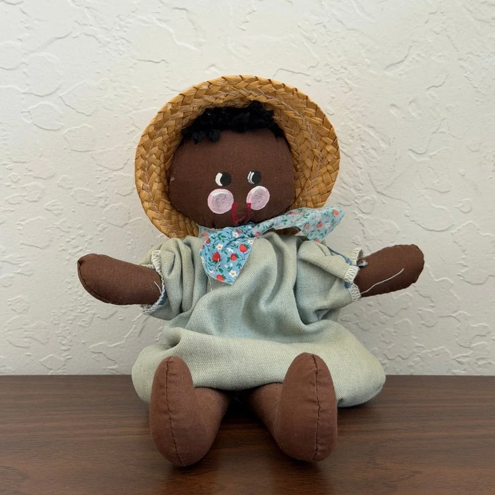 Vintage African Doll Folk Art‎ Primitive Blue Little Kid Straw Hat Cottagecore